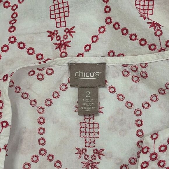 Chico’s White Red Embroidered Boho Cotton Tunic Top Size 2 Large - Picture 5 of 7